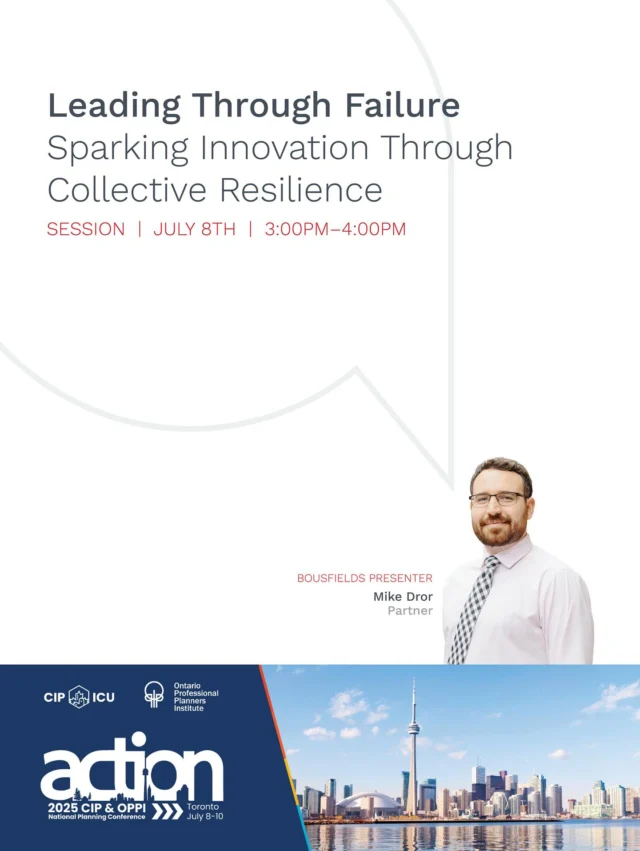 Kicking off all things conference, we’ll be highlighting the Bousfielders presenting at #ACTION2025 National Planning Conference, over the next two weeks.
First up: Leading Through Failure.
Let’s talk about leading through failure! Join Bousfielder Mike Dror in conversation with Shadi Adab (MHBC) to delve deeper into celebrating failure and “failing forward”. You can attend this session on July 8th from 3 - 4PM, you won’t want to miss it!
