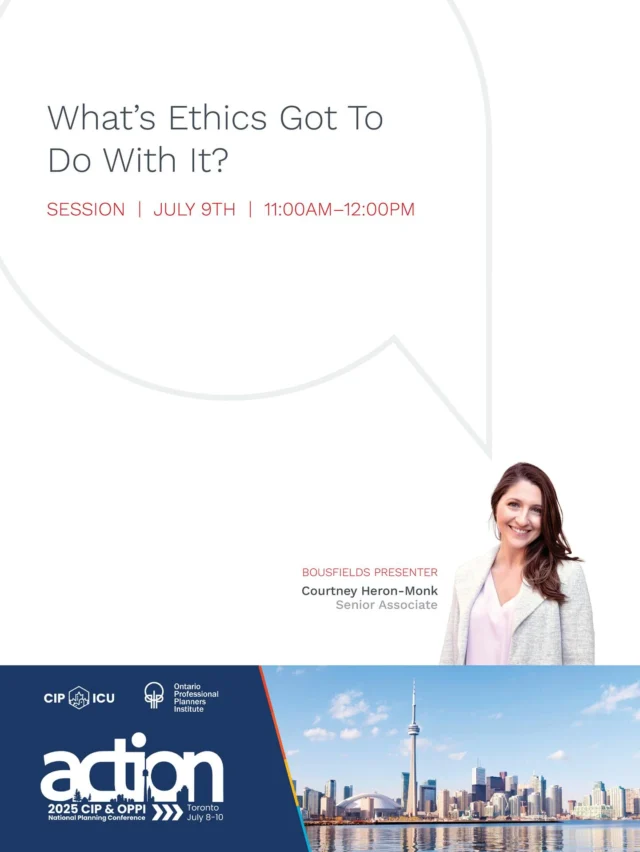What’s Ethics Got to do with it?
What’s Ethics Got to do with it? Join Bousfielder Courtney Heron-Monk in conversation with Dana Anderson (MHBC), Mary Lou Tanner (MPG Planning Solutions) and Ryan Des Roches (OPPI) on July 9th from 11am-12pm while they discuss the complaints and discipline process and examine real-work cases highlighting the importance of ethics in upholding the public interest! #ACTION2025