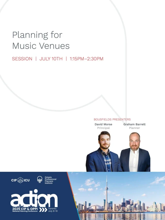 Planning for Music Venues
Don’t miss our very own David Morse and Graham Barrett on July 10th from 1:15-2:30 PM as they take on planning for music venues. In conversation with Jonathan Bruce (Wavelength Music), Kishmita Arora (City of Toronto), Lisa Zbitnew (The Phoenix Concert Theatre), Mike Tanner (City of Toronto) and Phil Brennen (Broccolini), this panel will explore how we, as planners, strike a balance between the preservation of music venues and meeting our housing needs. #ACTION2025